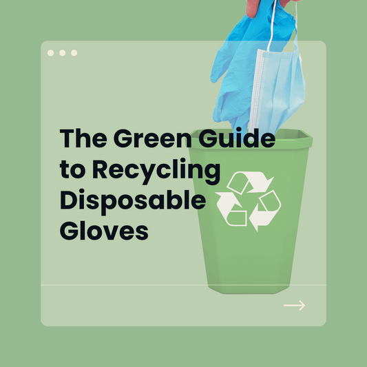 Placing blue disposable gloves and a surgical mask into a green recycling bin with a recycling symbol, promoting eco-friendly glove disposal.