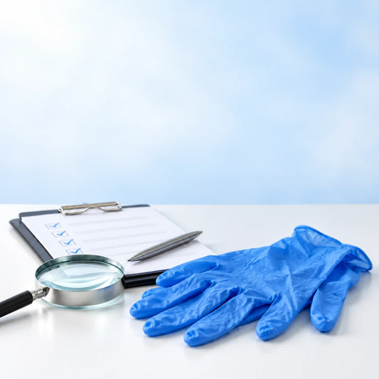 Blue disposable gloves beside a checklist, pen, and magnifying glass, illustrating a review of FDA clearance and food-contact compliance claims.
