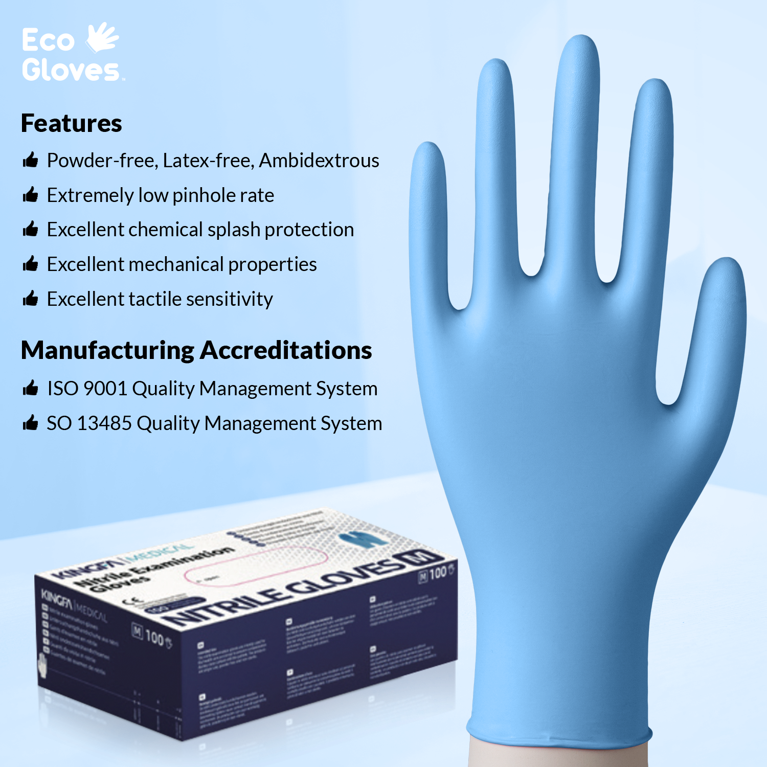 Kingfa Blue Nitrile Disposable Gloves (3.5 mil) 100 Gloves/Box - 100% Recyclable