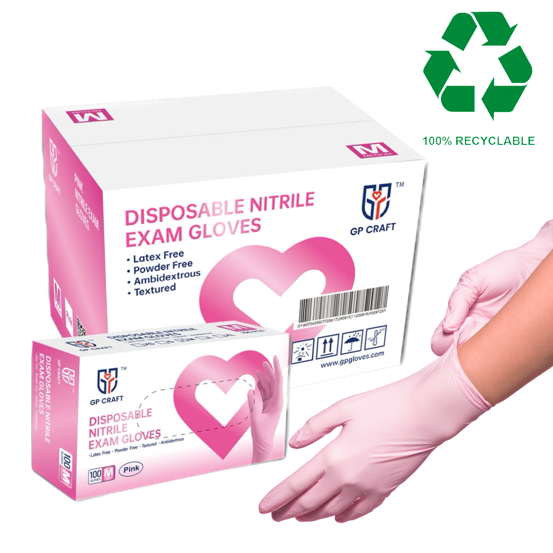 GP CRAFT Pink Nitrile Exam Gloves (4 Mil) Powder Free, Latex Free, 1,000 Gloves - 100% Recyclable
