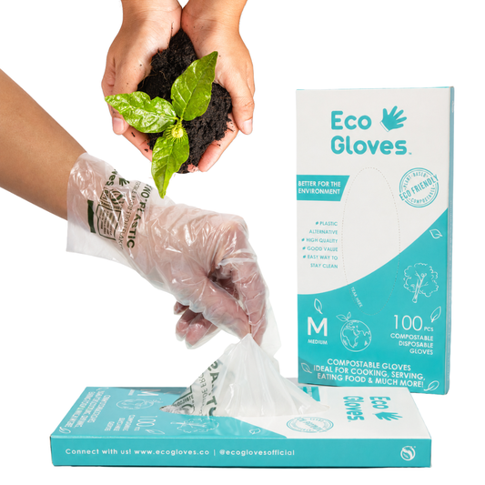 A person wearing a clear disposable glove is shown pulling a glove from a box labeled Eco Gloves, with another hand holding soil and a small green plant above. The product packaging is visible in a clean studio setup on a white background.