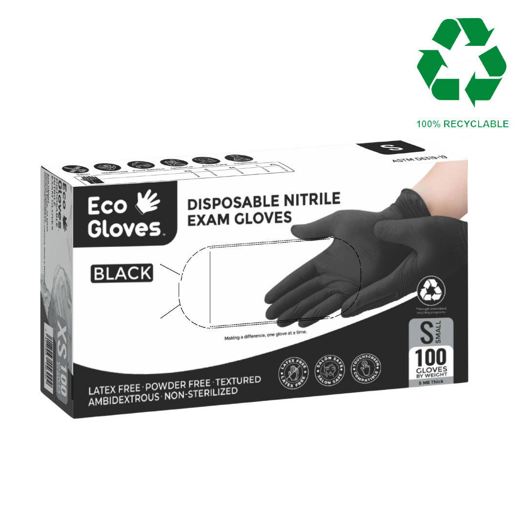 Eco Gloves BLACK Disposable Nitrile Exam Gloves (5 mil) Powder Free, Latex Free, 100 Gloves/Box - 100% Recyclable