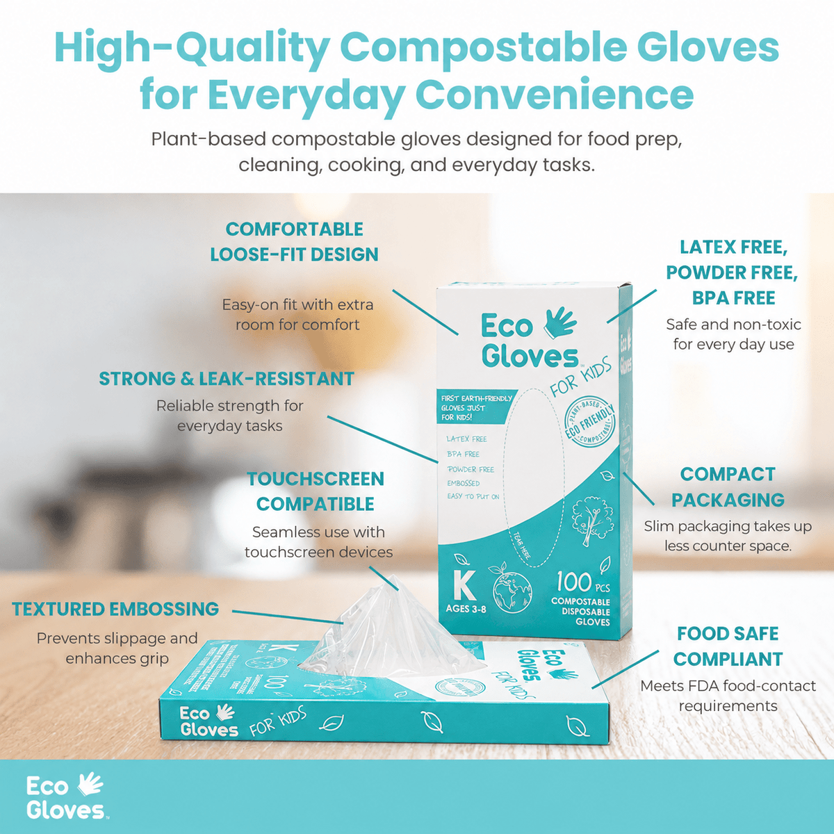 Kids Youth-Size Compostable Disposable Gloves - Clear (100 gloves/box) - Eco Gloves